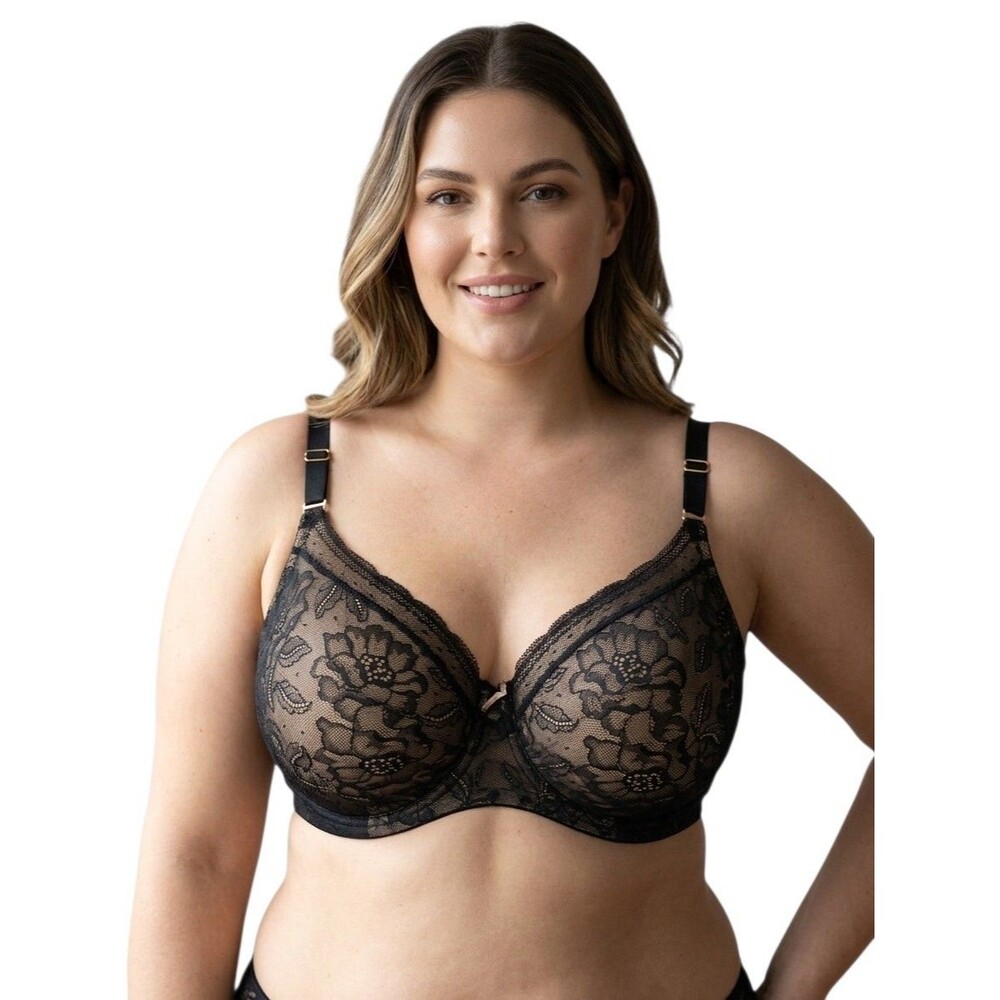 Lane Bryant Cacique Black Lace Covered Balconette Plunge Bra 50C Lightly Lined